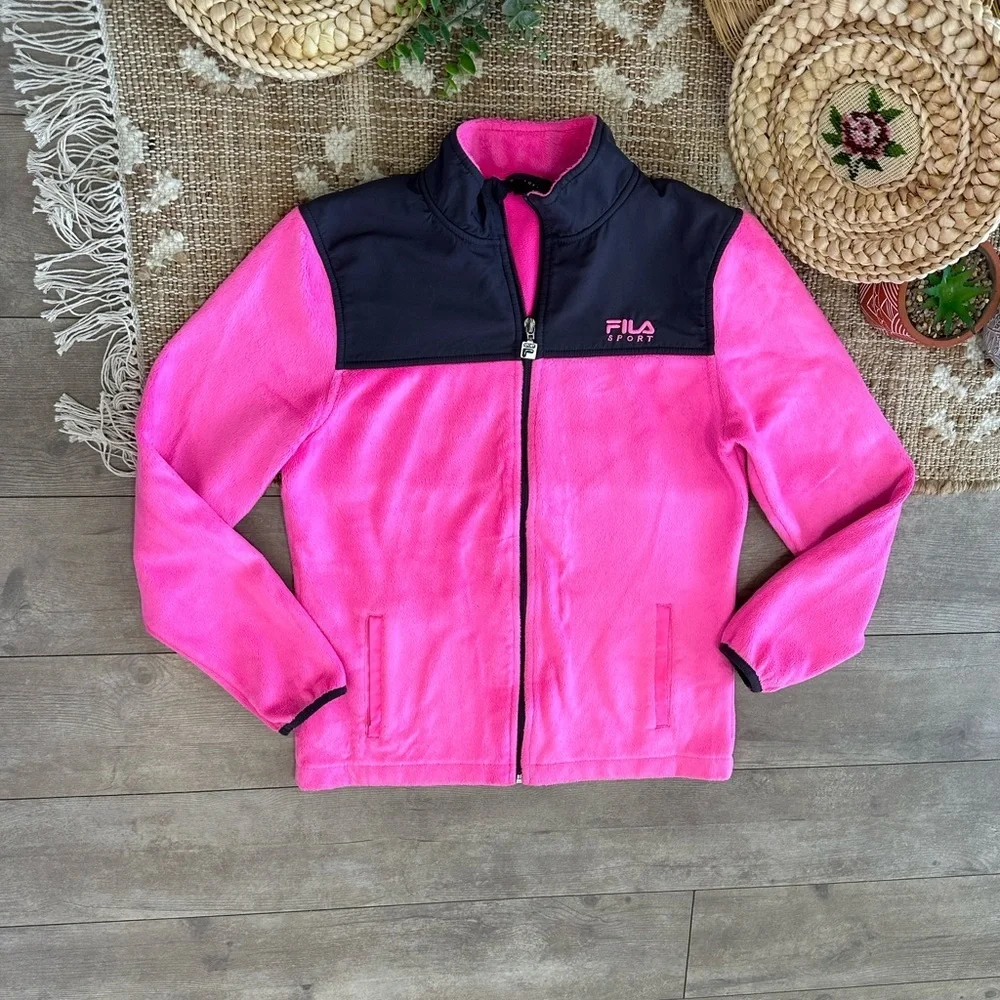 Fila Girls Sports Fleece Full Zip Jacket Ultra Soft Sz XL Hot Pink and Black